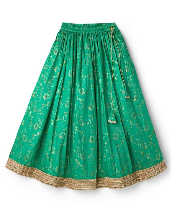 Pine Kids Woven Half Sleeves Lehenga Choli & Dupatta Set with Floral Print - Orange & Light Green