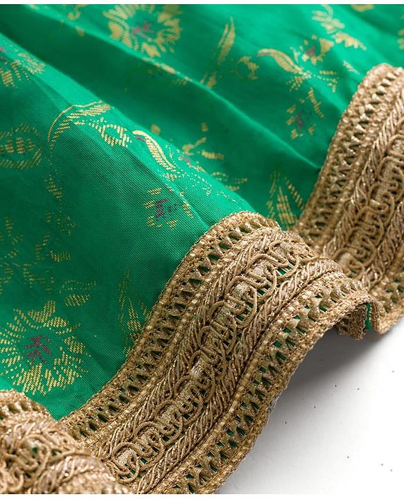 Pine Kids Woven Half Sleeves Lehenga Choli & Dupatta Set with Floral Print - Orange & Light Green