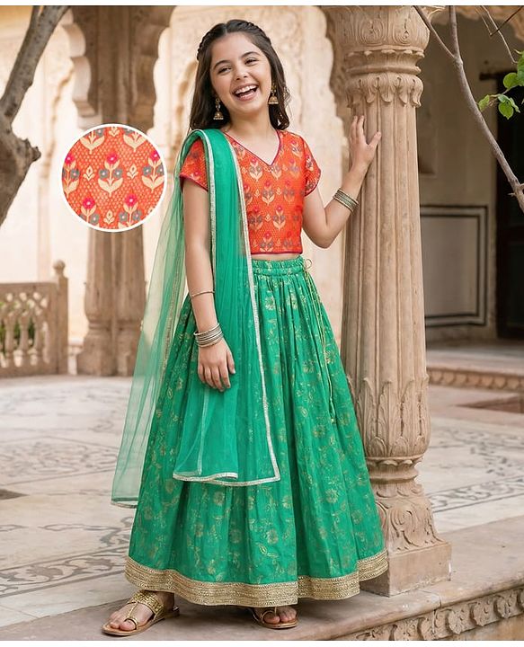 Pine Kids Woven Half Sleeves Lehenga Choli & Dupatta Set with Floral Print - Orange & Light Green