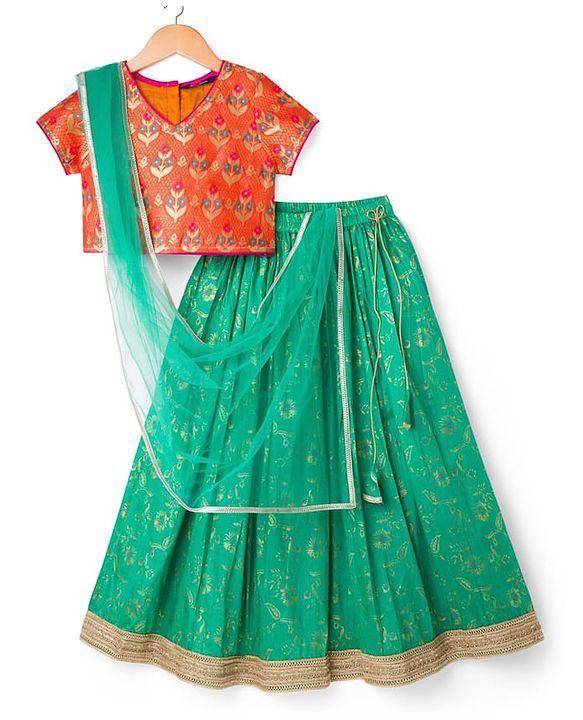 Pine Kids Woven Half Sleeves Lehenga Choli & Dupatta Set with Floral Print - Orange & Light Green