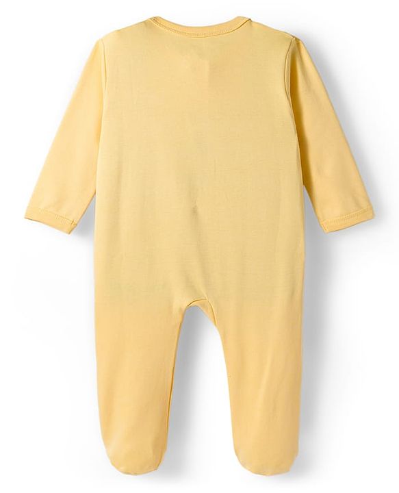 Babyhug Cotton Knit Footed Sleepsuit With Vehicle Print - Yellow