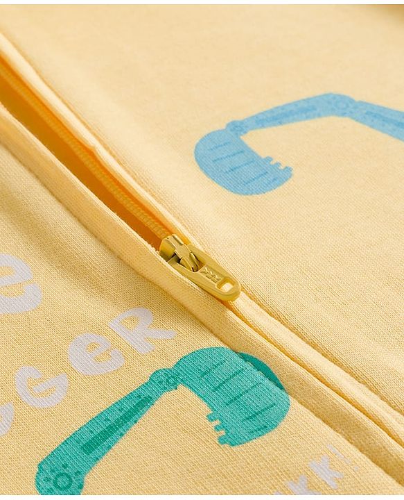 Babyhug Cotton Knit Footed Sleepsuit With Vehicle Print - Yellow