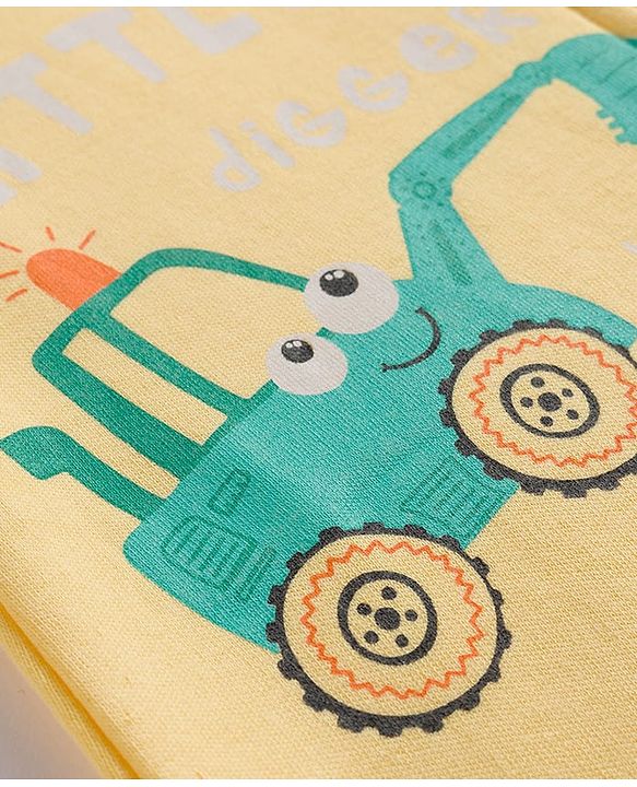 Babyhug Cotton Knit Footed Sleepsuit With Vehicle Print - Yellow