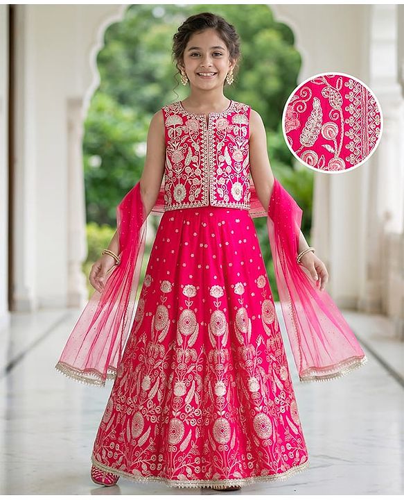 Pine Kids Woven Sleeveless Choli Lehenga Set with Dupatta & Floral Embroidery - Dark Pink