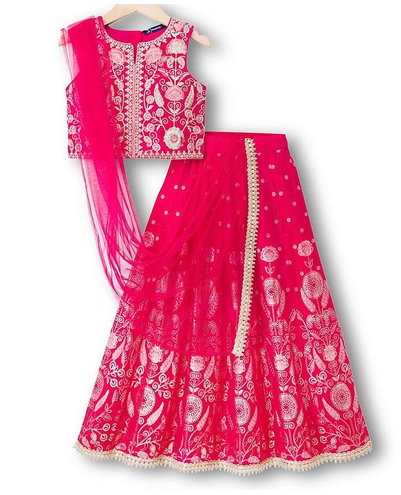 Pine Kids Woven Sleeveless Choli Lehenga Set with Dupatta & Floral Embroidery - Dark Pink