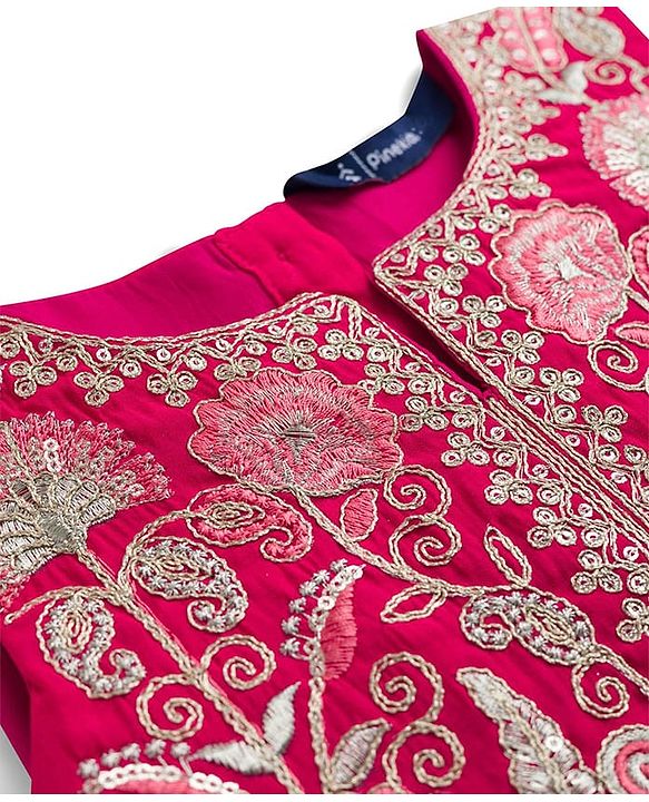 Pine Kids Woven Sleeveless Choli Lehenga Set with Dupatta & Floral Embroidery - Dark Pink