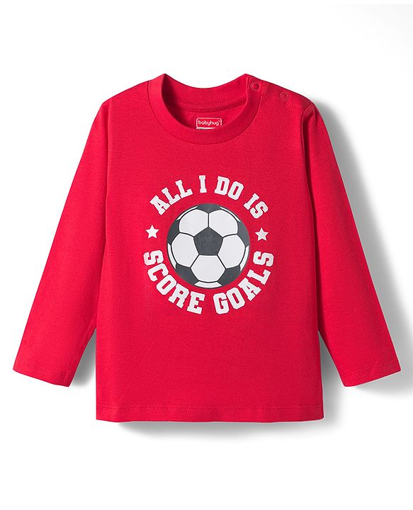 Babyhug 100% Cotton Knit Full Sleeves T-Shirt with All I do Is Sore Goal Text Print - Red