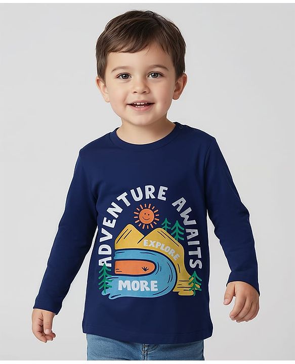 Babyhug 100% Cotton Knit Full Sleeves T-Shirt with Adventure Text Print - Navy Blue