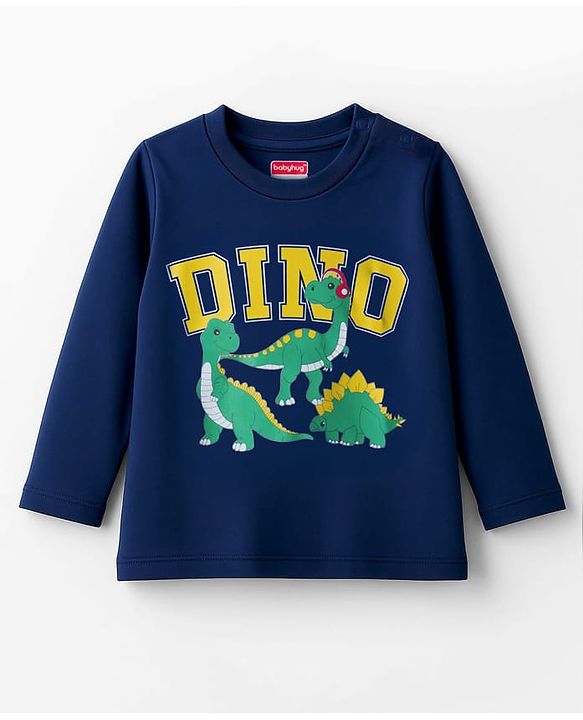 Babyhug 100% Cotton Knit Full Sleeves T-Shirt with Dino Print - Navy Blue