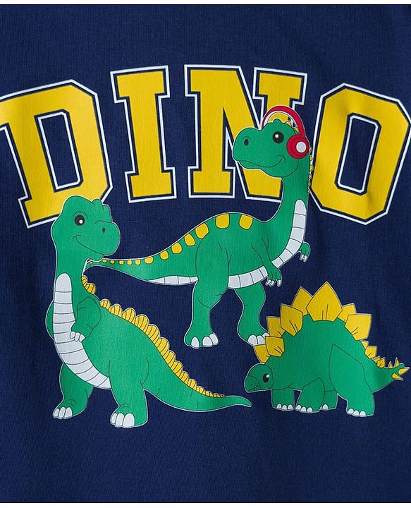 Babyhug 100% Cotton Knit Full Sleeves T-Shirt with Dino Print - Navy Blue