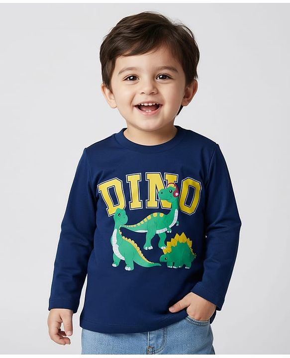 Babyhug 100% Cotton Knit Full Sleeves T-Shirt with Dino Print - Navy Blue