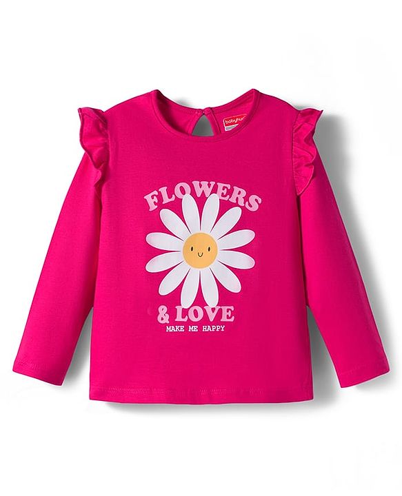 Babyhug 100% Cotton Knit Full Sleeves T-Shirt with Floral & Text Print  - Dark Pink