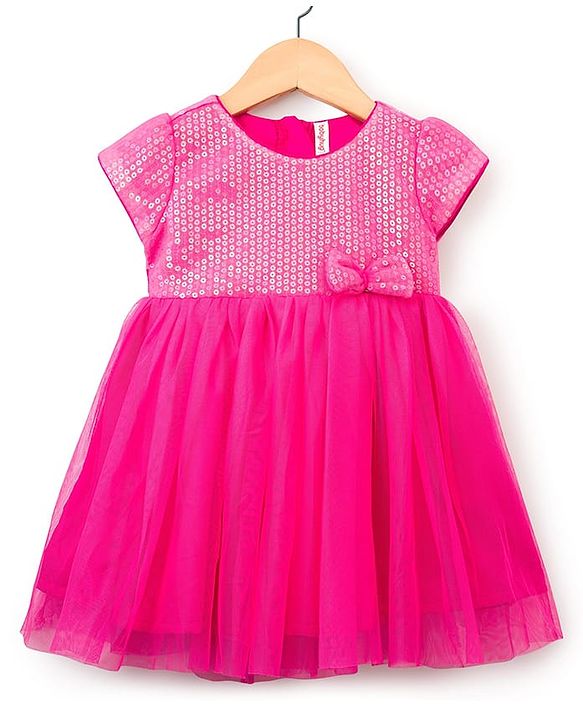 Babyhug Woven Cap Sleeves Party Dress With Sequin Detailing & Sling Bag - Dark Pink