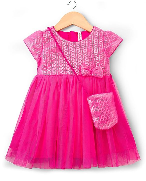 Babyhug Woven Cap Sleeves Party Dress With Sequin Detailing & Sling Bag - Dark Pink