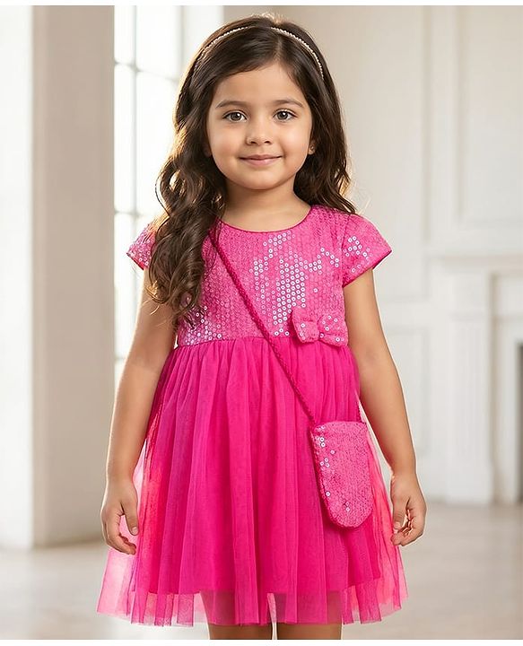 Babyhug Woven Cap Sleeves Party Dress With Sequin Detailing & Sling Bag - Dark Pink