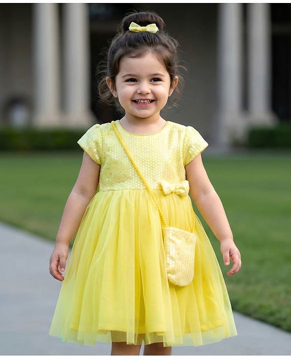 Babyhug Woven Cap Sleeves Party Dress With Sequin Detailing & Sling Bag - Yellow