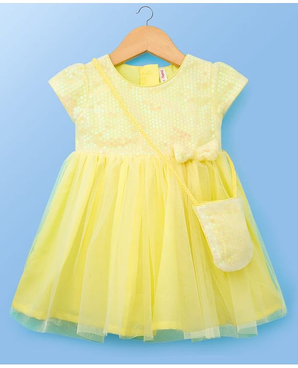 Babyhug Woven Cap Sleeves Party Dress With Sequin Detailing & Sling Bag - Yellow