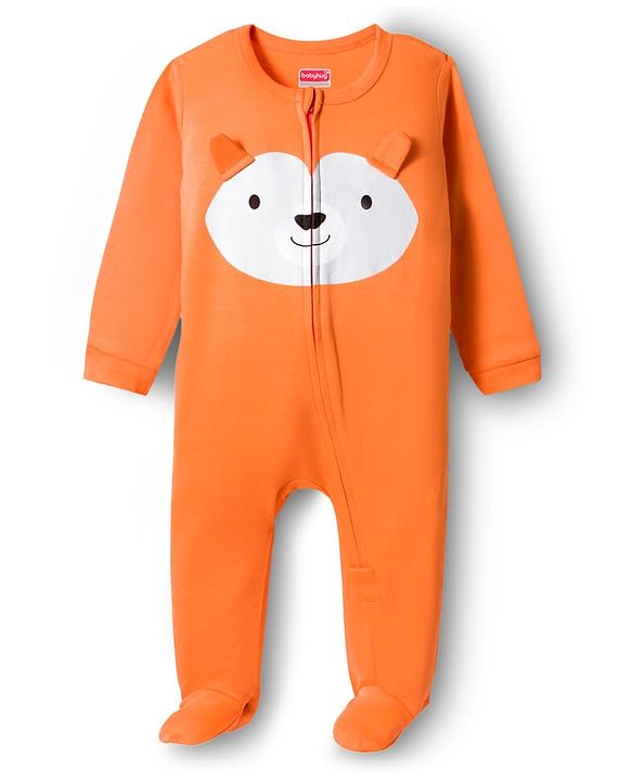 Babyhug Cotton Knit Full Sleeves Footed Sleepsuit With Animal Face Print & Ear Applique - Orange