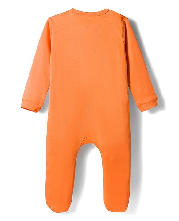 Babyhug Cotton Knit Full Sleeves Footed Sleepsuit With Animal Face Print & Ear Applique - Orange