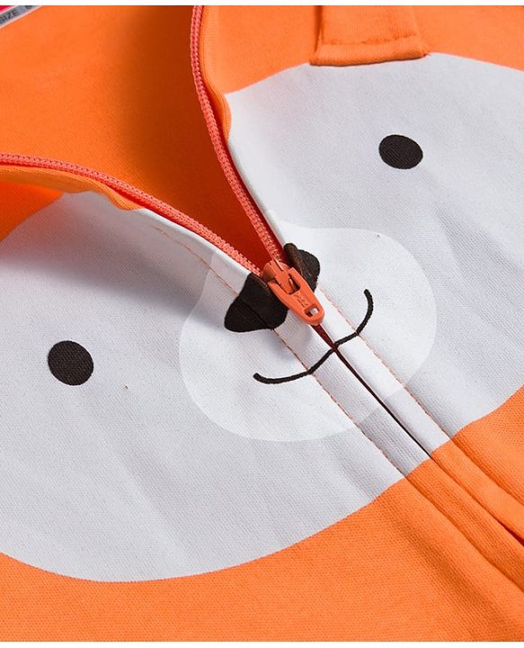 Babyhug Cotton Knit Full Sleeves Footed Sleepsuit With Animal Face Print & Ear Applique - Orange