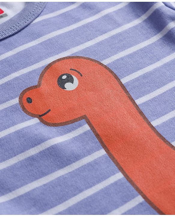 Babyhug Interlock Knit Full Sleeves Striped Footed Sleepsuit With Dino Print - Blue