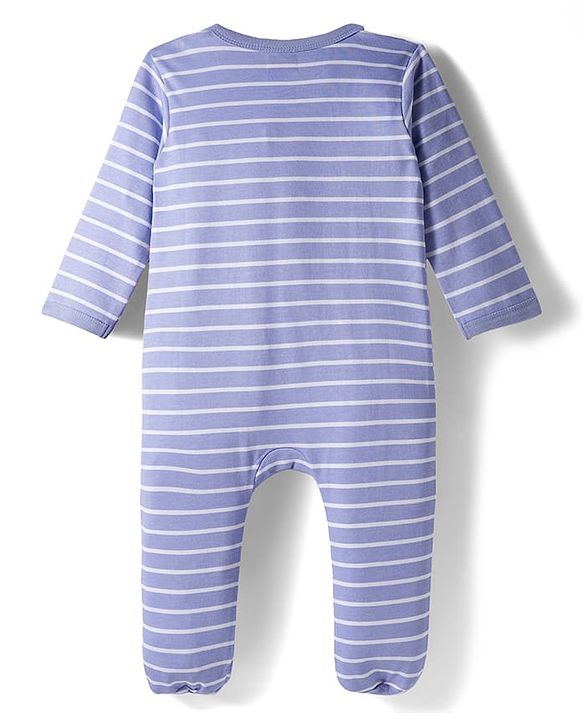 Babyhug Interlock Knit Full Sleeves Striped Footed Sleepsuit With Dino Print - Blue