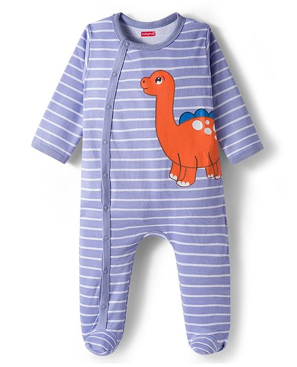 Babyhug Interlock Knit Full Sleeves Striped Footed Sleepsuit With Dino Print - Blue