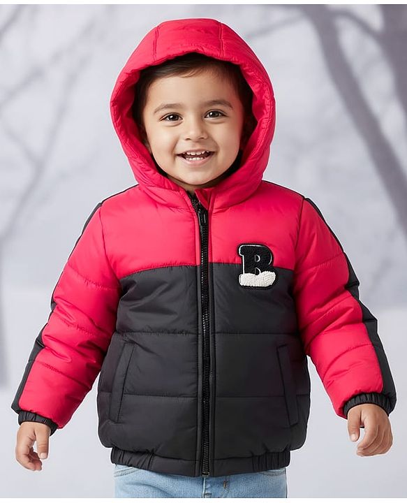 Babyhug Woven Full Sleeves Hooded Padded Jacket With Alphabet Embroidery - Black & Red