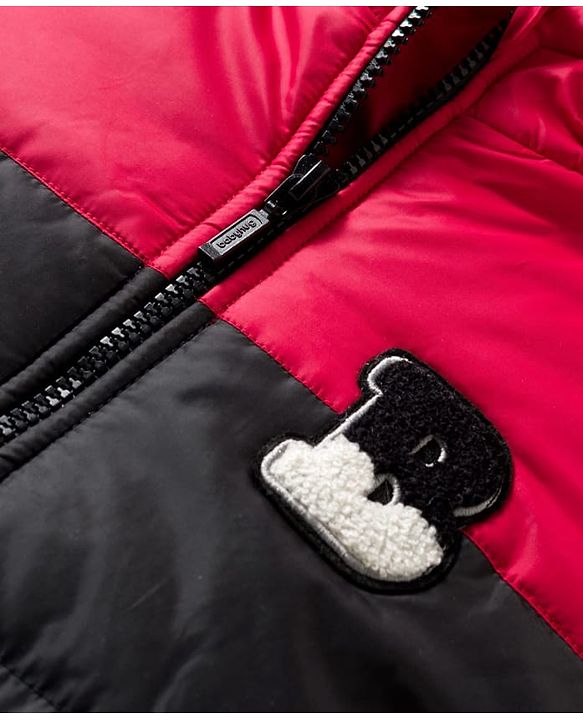 Babyhug Woven Full Sleeves Hooded Padded Jacket With Alphabet Embroidery - Black & Red
