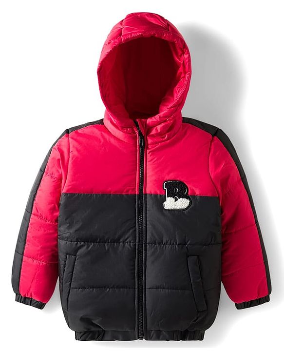 Babyhug Woven Full Sleeves Hooded Padded Jacket With Alphabet Embroidery - Black & Red