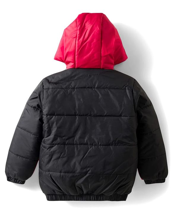 Babyhug Woven Full Sleeves Hooded Padded Jacket With Alphabet Embroidery - Black & Red