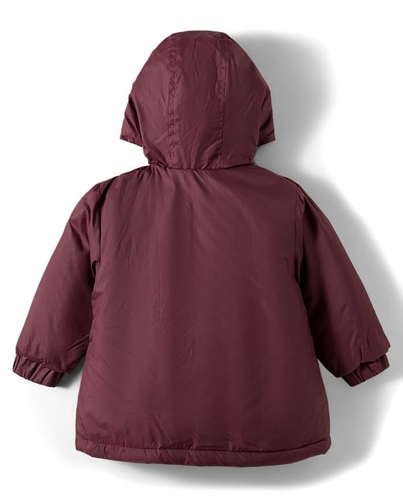 Babyhug Woven Full Sleeves Solid Color Hooded Puffer Jacket with Bow Applique - Wine