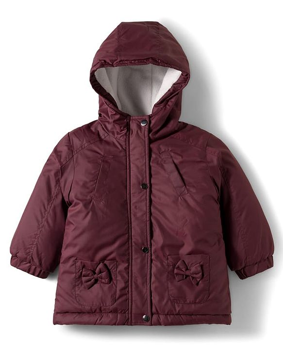 Babyhug Woven Full Sleeves Solid Color Hooded Puffer Jacket with Bow Applique - Wine