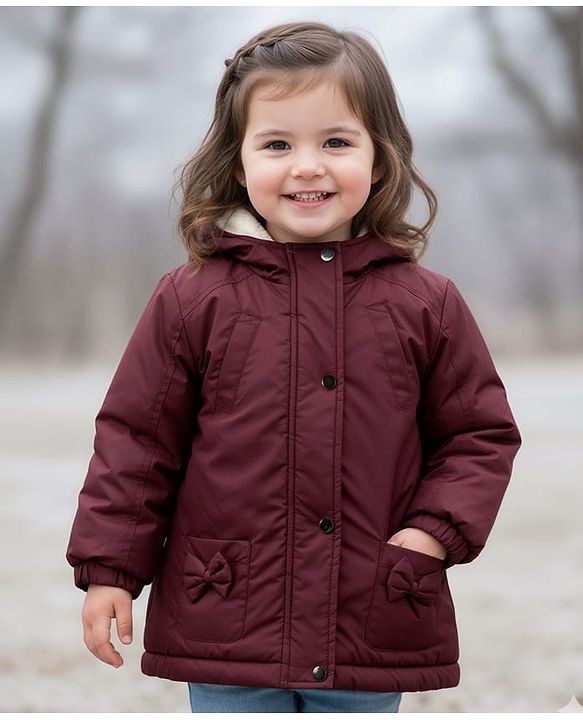 Babyhug Woven Full Sleeves Solid Color Hooded Puffer Jacket with Bow Applique - Wine
