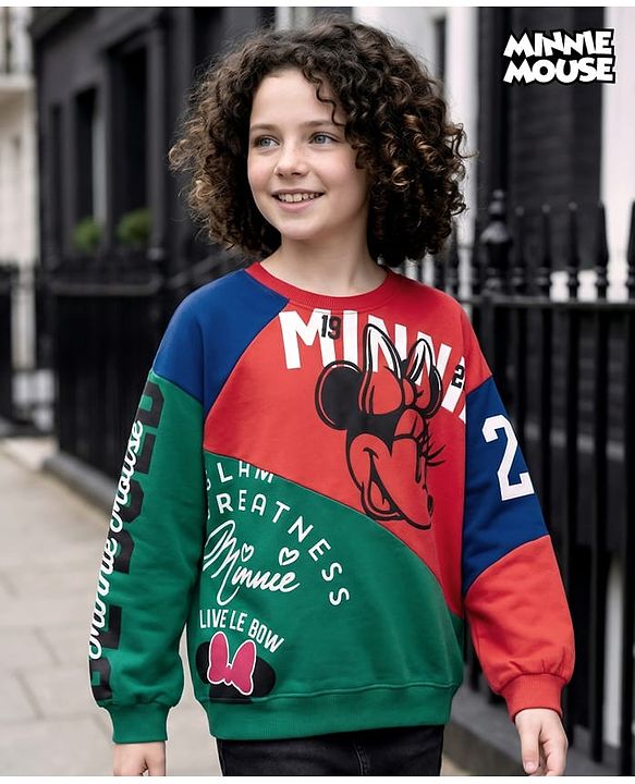Pine Kids Disney Terry Knit Drop Shoulder Full Sleeves Cut & Sew Sweatshirt with Minnie & Friends Graphic - Multicolor