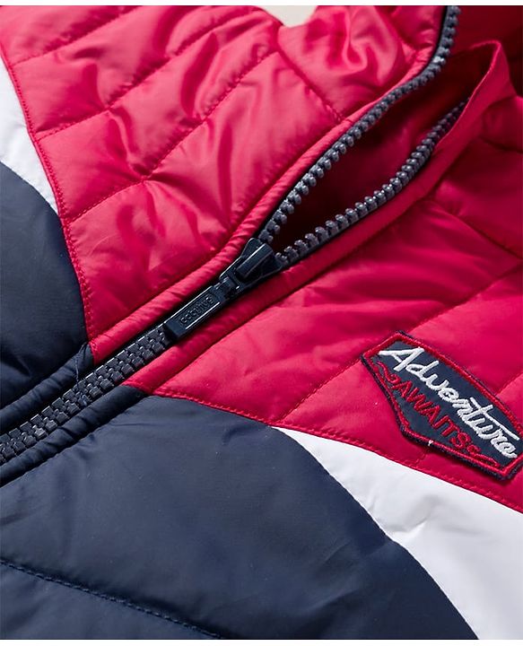 Babyhug Woven Full Sleeves Hooded Padded Jacket With Patch Detailing - Red & Navy Blue