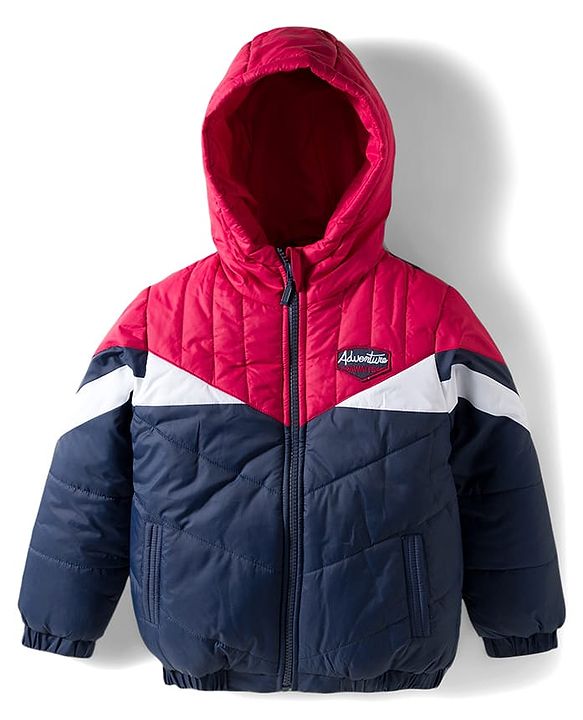 Babyhug Woven Full Sleeves Hooded Padded Jacket With Patch Detailing - Red & Navy Blue