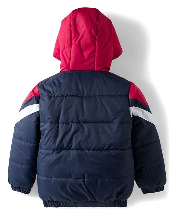 Babyhug Woven Full Sleeves Hooded Padded Jacket With Patch Detailing - Red & Navy Blue
