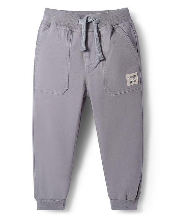 Babyhug Twill Woven Full Length Solid Color Joggers with Stretch - Grey