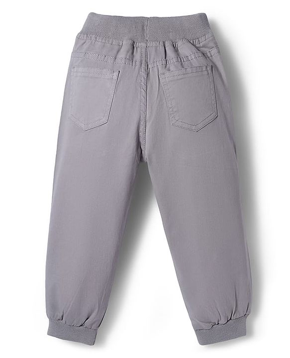 Babyhug Twill Woven Full Length Solid Color Joggers with Stretch - Grey