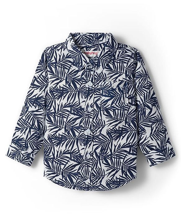 Babyhug Cotton Woven Full Sleeves Shirt and Jeans Set With Leaves Print - Navy Blue & White