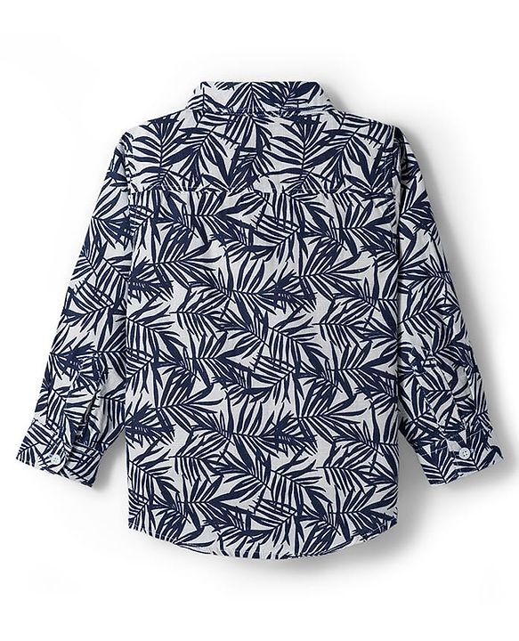 Babyhug Cotton Woven Full Sleeves Shirt and Jeans Set With Leaves Print - Navy Blue & White