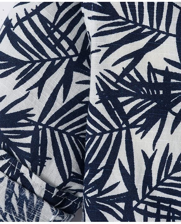 Babyhug Cotton Woven Full Sleeves Shirt and Jeans Set With Leaves Print - Navy Blue & White