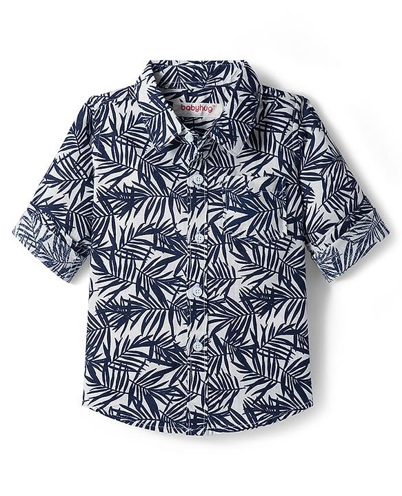 Babyhug Cotton Woven Full Sleeves Shirt and Jeans Set With Leaves Print - Navy Blue & White