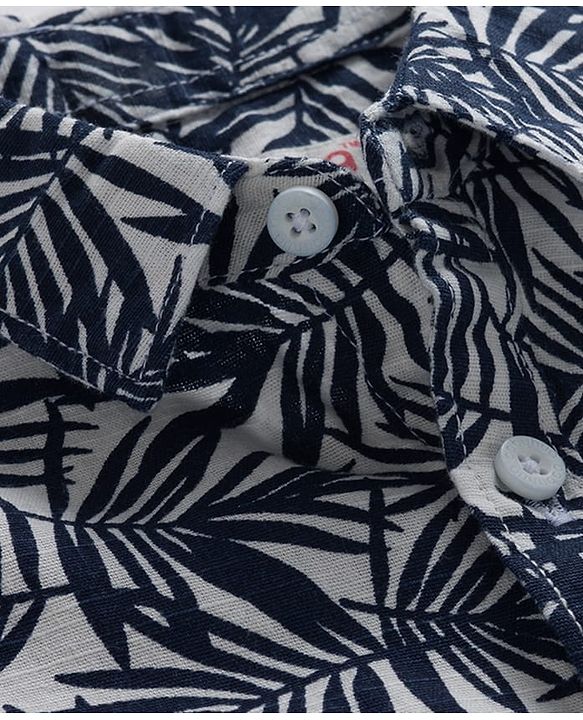 Babyhug Cotton Woven Full Sleeves Shirt and Jeans Set With Leaves Print - Navy Blue & White