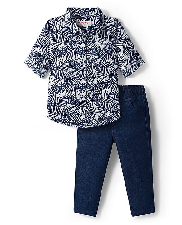 Babyhug Cotton Woven Full Sleeves Shirt and Jeans Set With Leaves Print - Navy Blue & White