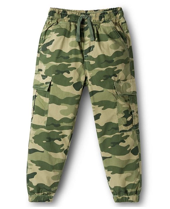 Babyhug Cotton Woven Full Length Jogger With Camouflage Print - Green