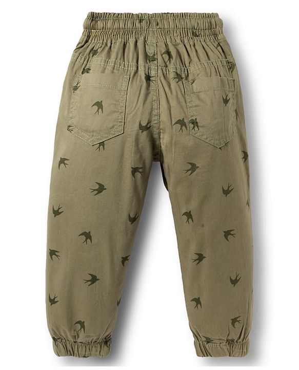 Babyhug Cotton Woven Full Length Trouser Pant With Bird Print - Green