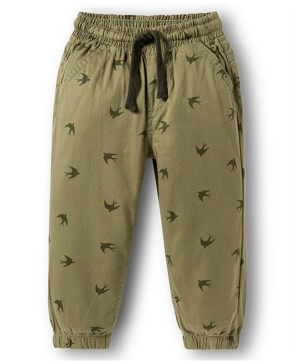 Babyhug Cotton Woven Full Length Trouser Pant With Bird Print - Green