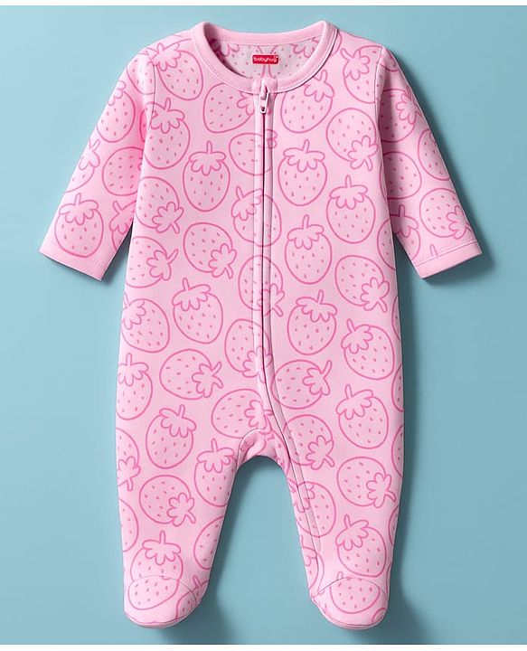 Babyhug Cotton Knit Full Sleeves Footed Sleepsuit With Stawberry Print - Pink